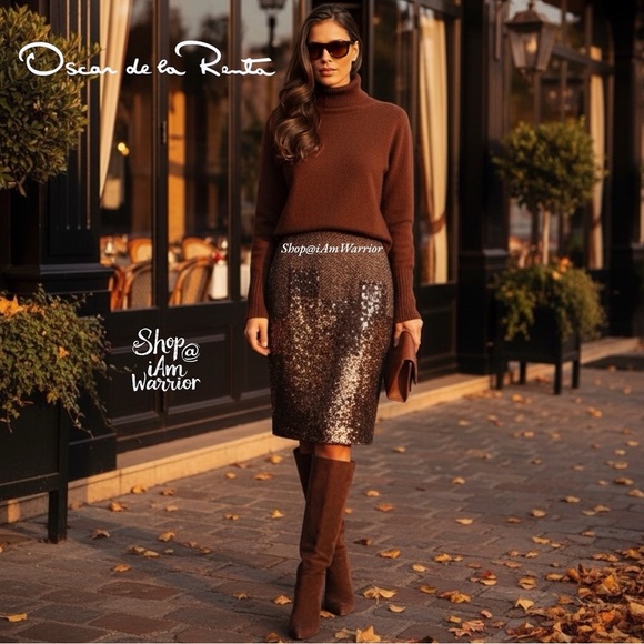 Oscar de la Renta RARE Fall 2008 runway chocolate sequin wool pencil skirt - Picture 1 of 13